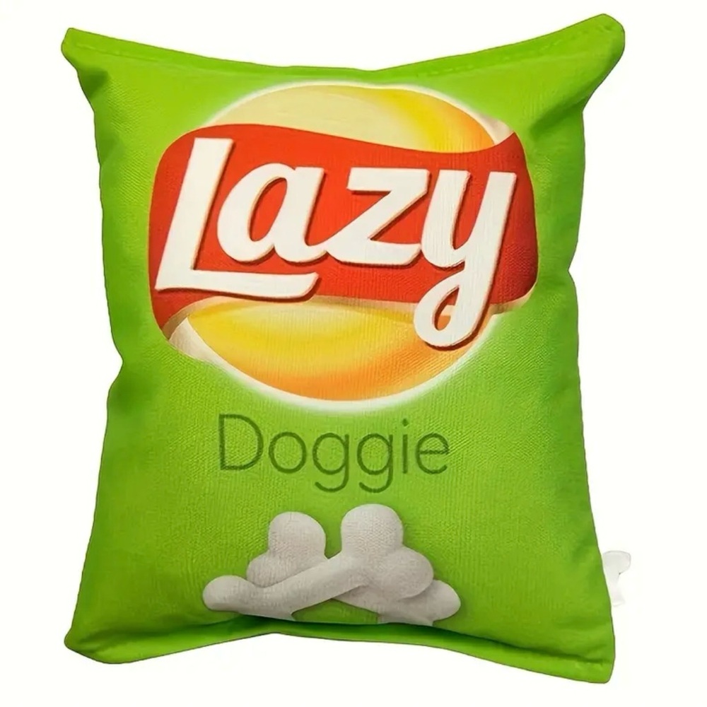 Lazy Doggie Green & Red potato-chip inspired dog toy. Adorable gift.